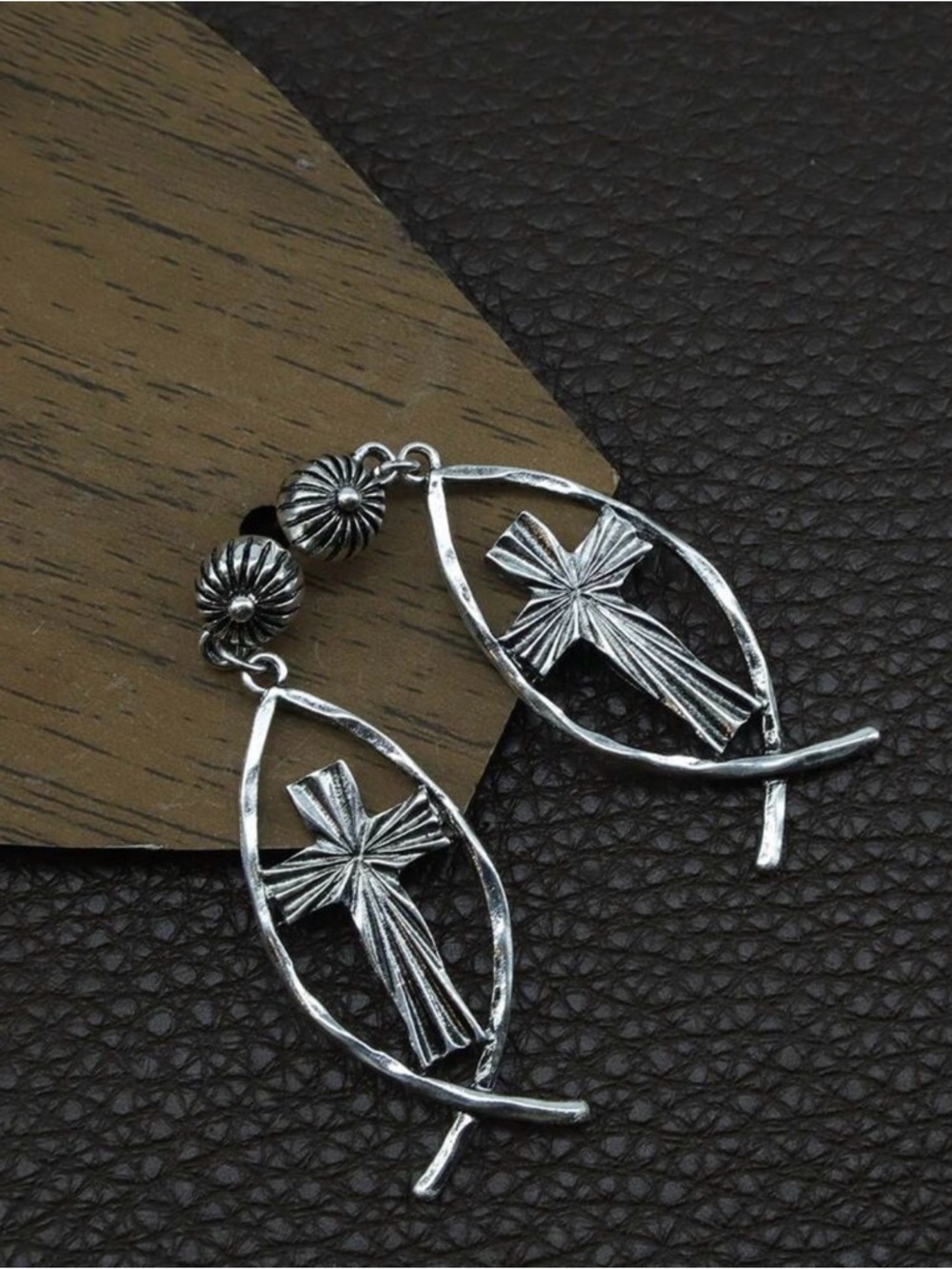 Antiqued Silver Cross Drop Earrings